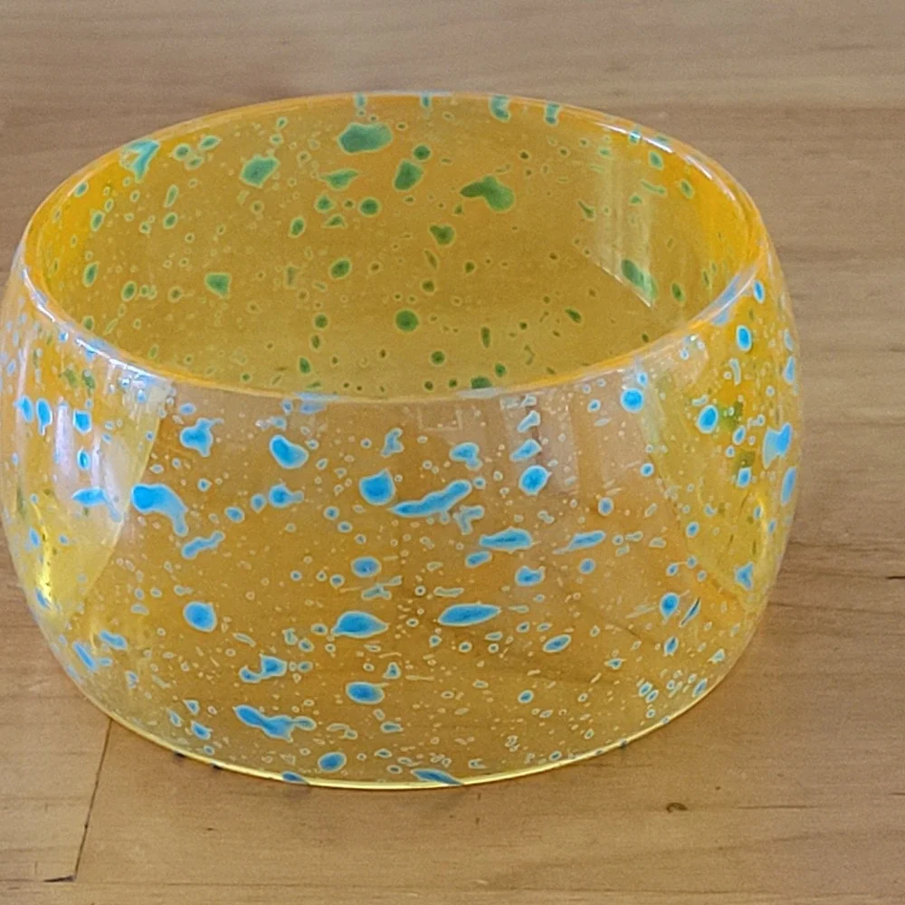 Chunky Amber Resin Bangle Bracelet Blue Splatter Wide Lucite Style 2.5 Inch